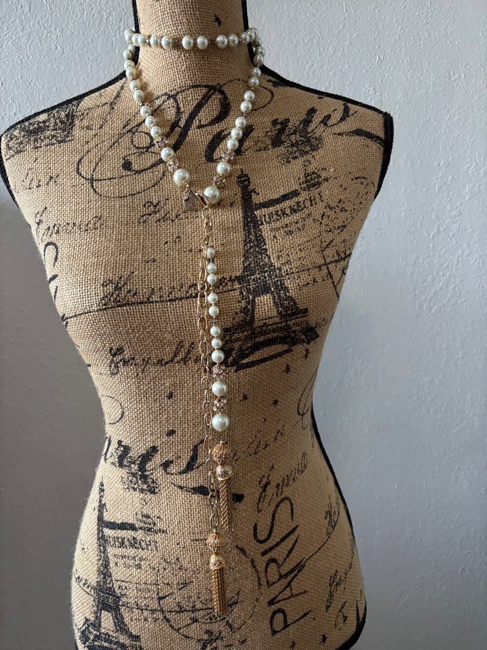 Love Janice Statement Necklace Chunky Chain Faux Pearls Rhinestones Lariat